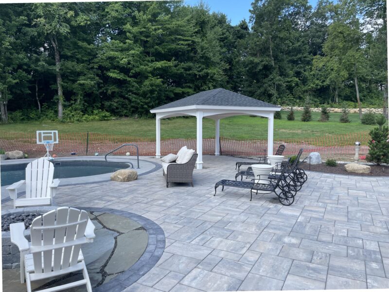 12x14 Hip Pavilion with white vinyl trim and charcoal shingles