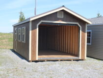 12x24 Peak Garage with Coffee Polyuretane siding, Beige trim and shutters, and Burnished Slate metal roof