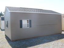 12x20 HD Peak with Java vinyl siding, White trim, Black shutters, and Rustic Black shingles