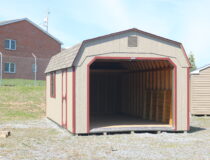 12x24 Dutch Garage with PC Clay siding, Red trim and shutters, and Natural Trimber shingles
