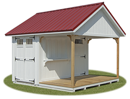 Custom Cape Cod Style Storage Shed with concession window, counter, porch, and metal roof