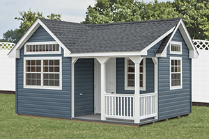 Custom Home Office Building from Pine Creek Structures | Victorian style shed with vinyl siding and custom upgrades