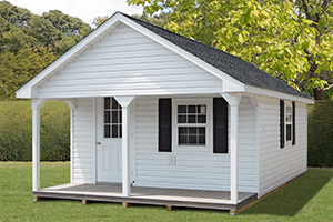 Custom Home Office Building from Pine Creek Structures | Cape Cod style shed with vinyl siding and custom upgrades