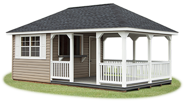 Custom Hip Style Shed with Concession Window and Porch