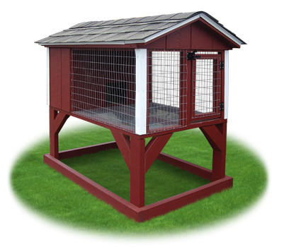 Red and White rabbit hutch animal shelter constructed by Pine Creek Structures