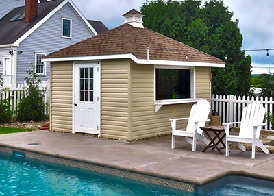 custom poolside shed with bar area built by Pine Creek Structures