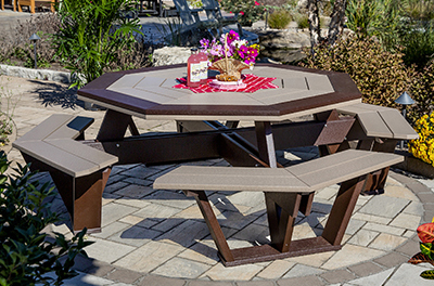 Poly Octagon Picnic Table with Attached Benches in Milwaukee Brown and Weather Wood