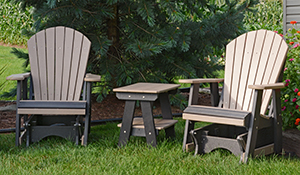 Two Poly 2’ Fanback Gliders and a Two Tier Table in Black and Weather Wood
