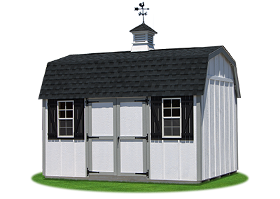 10 x14 Gambrel Barn with white LP board and batten siding and cupola with weathervane