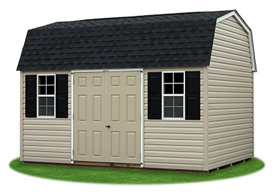 10 x14 Gambrel Barn with warm sandalwood vinyl siding and charcoal shingle roof