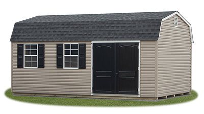 12 x 20 Gambrel Barn with clay vinyl siding and black colonial archtop style doors