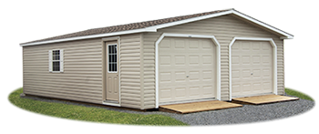 Double Wide, two car  modular vinyl sided garage from Pine Creek Structures