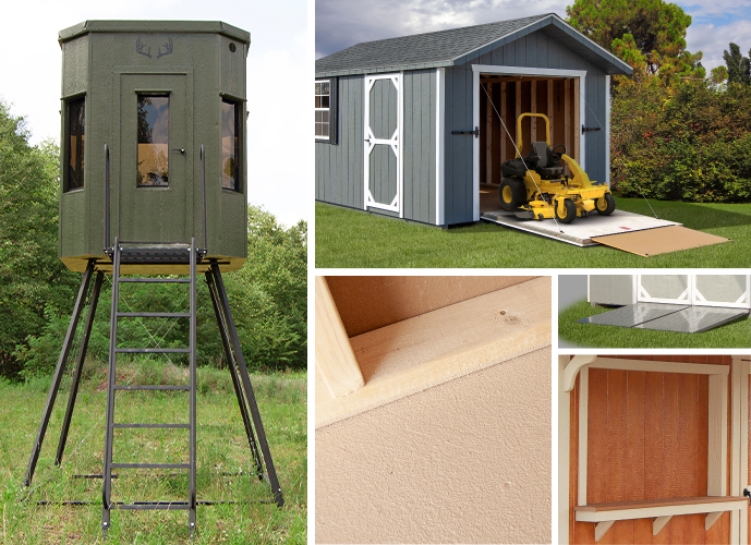 Item Items at Pine Creek Structures Collage (Boonetown Hunting Blinds, Rampage Door, Aluminum Ramps, Poly Floor Shield, and Slider Concession Window)
