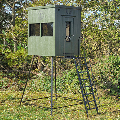 5x6 Palace Hunting Blind on an adjustable Metal Stand with metal ladder and railing available at Pine Creek Structures