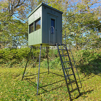 5x6 Palace Hunting Blind with 8'-11' Adjustable Metal Stand and Ladder with Hand Rails Available At Pine Creek Structures