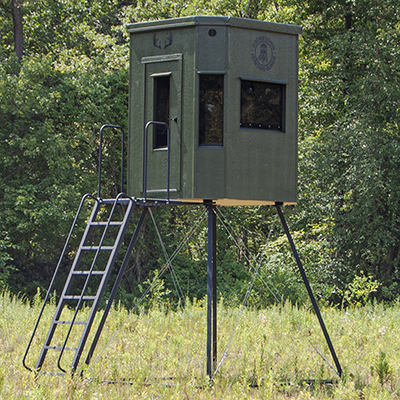6x6 High Rise Octagon Hunting Blind on an adjustable Metal Stand with metal ladder and railing available at Pine Creek Structures