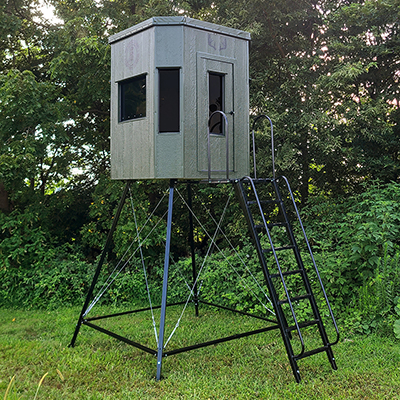 6x6 Octagon Hunting Blind with 8'-11' Adjustable Metal Stand and Ladder with Hand Rails Available At Pine Creek Structures