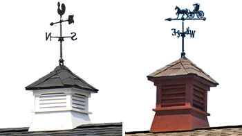 Pine Creek Structures venting options: wood and vinyl cupolas with weathervanes