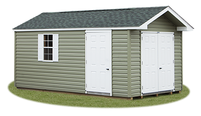 10x16 Vinyl Sided Front Entry Peak Storage Shed available at Pine Creek Structures