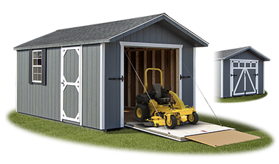 10x16 Front Entry Peak Storage Shed with Rampage Door available at Pine Creek Structures