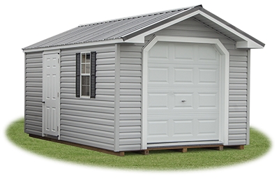 Custom Peak Shed with vinyl siding, metal roofing, and an overhead door available at Pine Creek Structures