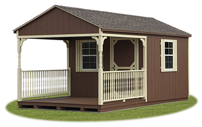 10x18 Custom Peak Shed with Porch (with railing and composite decking) available at Pine Creek Structures