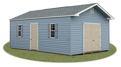 14x24 Vinyl Sided Front Entry Peak Storage Shed available at Pine Creek Structures