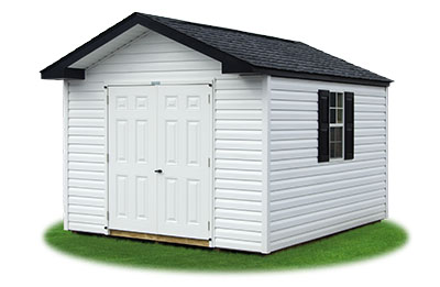 10x12 Vinyl Sided Front Entry Peak Storage Shed available at Pine Creek Structures