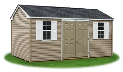 10x16 Vinyl Sided Side Entry Peak Storage Shed available at Pine Creek Structures