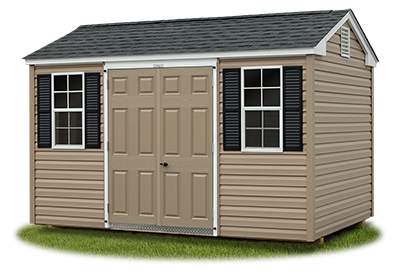 8x12 Vinyl Sided Side Entry Peak Storage Shed available at Pine Creek Structures