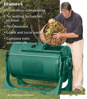 Sun-Mar Garden Composters features include continuous composting, no waiting for batches to finish, pest resistant, loads and turns easily, and compost exits automatically