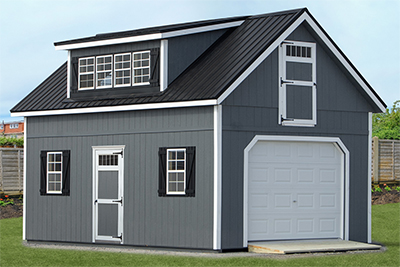 Custom Two Story Garage with Cape Cod Style Roof and Cape Dormer from Pine Creek Structures