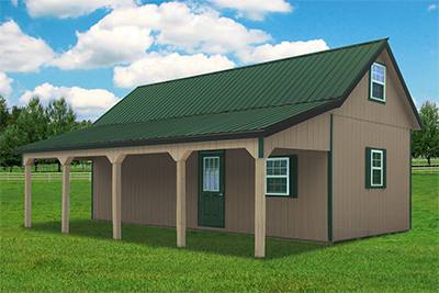 Custom Two Story Gambrel Barn with Porch and Cape Cod Style Roof from Pine Creek Structures