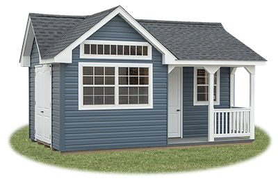 Customized victorian deluxe storage shed with vinyl siding and porch built by Pine Creek Structures