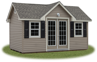Customized victorian deluxe storage shed with vinyl siding built by Pine Creek Structures