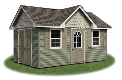 Customized victorian deluxe storage shed with vinyl siding built by Pine Creek Structures