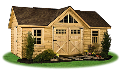 Customized victorian deluxe storage shed with log siding built by Pine Creek Structures
