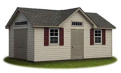 victorian deluxe storage shed featuring colonial archtop fiberglass doors built by Pine Creek Structures