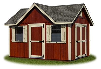victorian deluxe storage shed with LP board and batten siding built by Pine Creek Structures