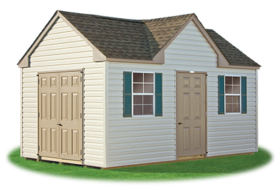 standard victorian storage shed with vinyl siding built by Pine Creek Structures