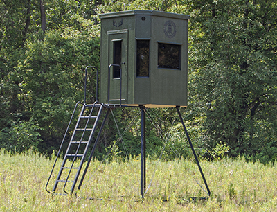 6x6 Octagon Hunting Blind with 8'-11' Adjustable Metal Stand and Ladder with Hand Rails Available At Pine Creek Structures