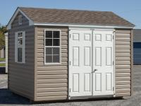 8x10 Peak Style Prefab Storage Shed with Java Brown Vinyl Siding and White Trim and Doors