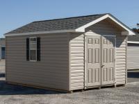 10x14 Front Entry Peak Shed With Clay Vinyl Siding and Fiberglass Double Doors