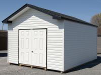 12x16 Front Entry Peak Storage Shed with White vinyl siding, black trim, extra doors