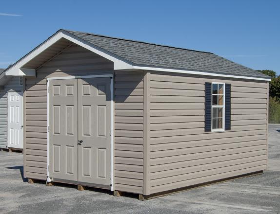 10x14 Front Entry Peak Shed With Clay Vinyl Siding and Fiberglass Double Doors
