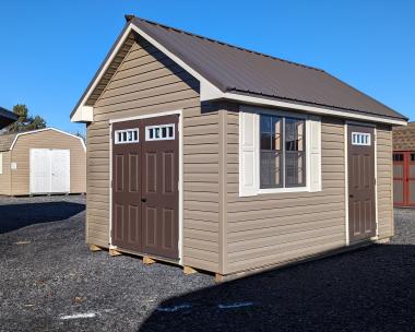 10x14 Cape Cod Shed in Java Vinyl Siding and Burnished Slate Metal Roof