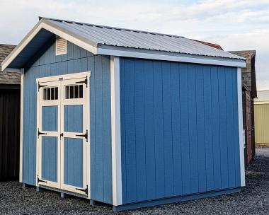 10x10 Peak Shed light blue LP SmartSide siding with White trim and light grey metal roof