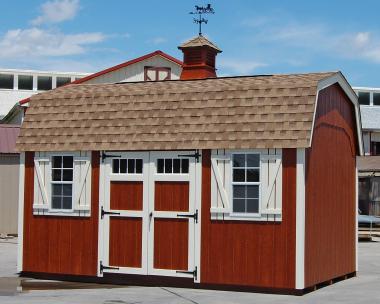 Pine Creek 10x16 HD New England Dutch Barn with Redwood walls, Navajo trim and shutters, and Shakewood shingles