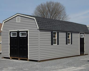 12x24 Dutch Barn Style Storage Shed with Grey Vinyl Siding and Black Doors