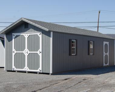 12x32 Front Entry Peak Storage Shed with Dark Grey Engineered LP Siding